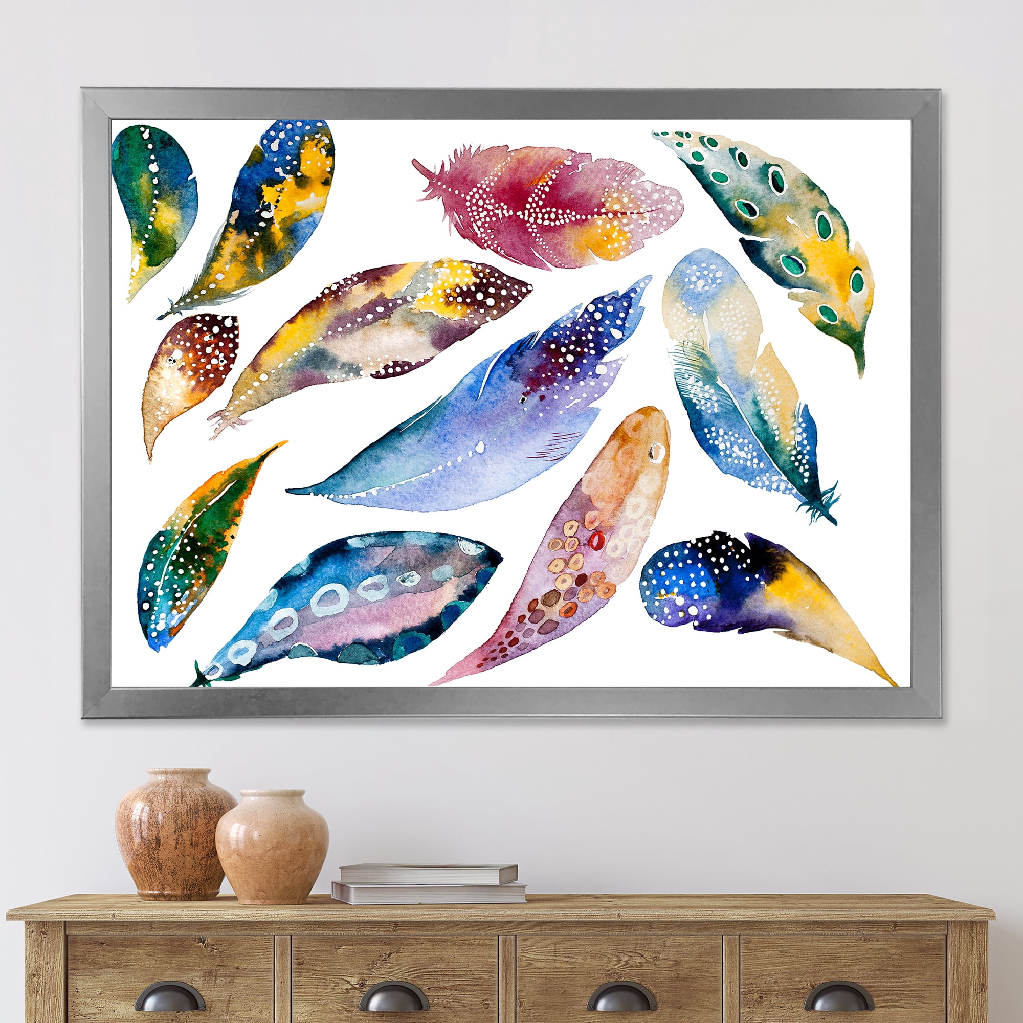 Designart 'Colourful Boho Feather Set On White VI' Bohemian & Eclectic Framed Art Print