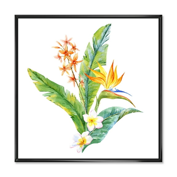 Designart 'Green Leaves With Tropical Yellow Flowers I' Traditional Framed Canvas Wall Art Print
