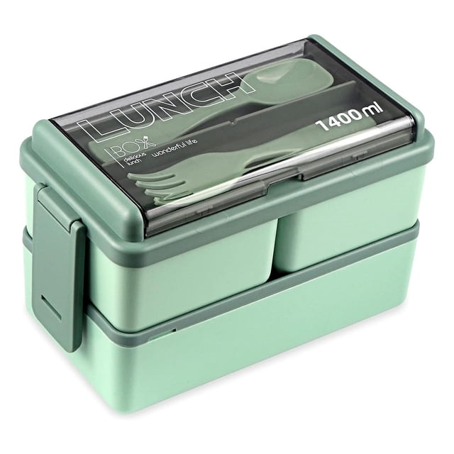 Lonchera Bento 2 Niveles 1400ML, Caja de Bento con 3 Compartimentos y Cubiertos, Bento Box Libre de BPA, Lunch Box Aptos para Microondas y Lavavajillas (Verde)