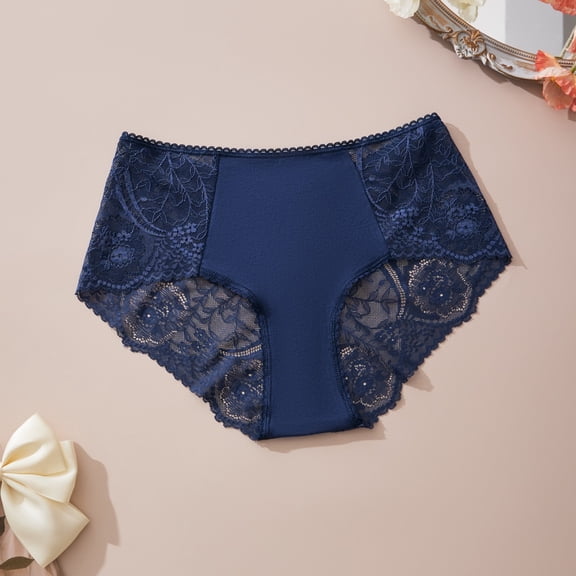 Women's Large Size High Waist Breathable Thin Thong Lace Breathable Seamless Underwear Womens High Waisted Underwear Navy 3XL