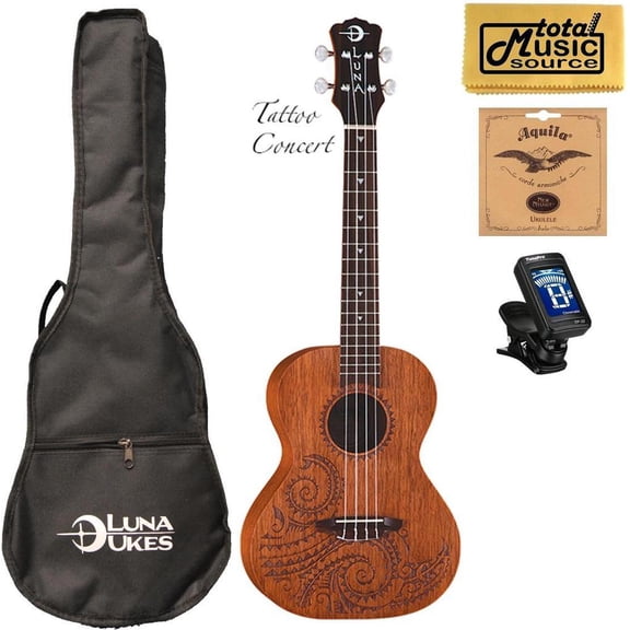 Luna Guitars UKE TC MAH Concert Tattoo Ukulele with Free Bag, White, 1.3 lbs