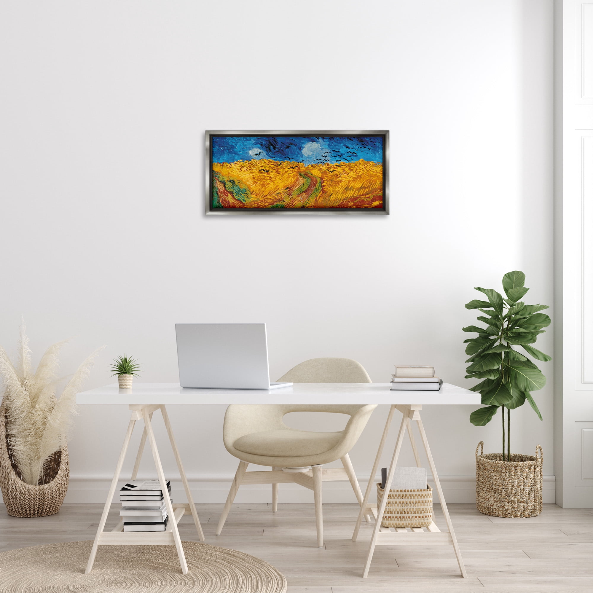 Stupell Industries Wheat Field with Crows Classic Landscape Painting Gray Floater Framed Canvas Art Print Wall Art, 31 x 14