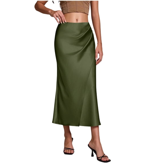 Ahabrexf High Waisted Skirt Satin Ruched Wrap Flowy Midi Solid Color for Women Spring Summer Fall
