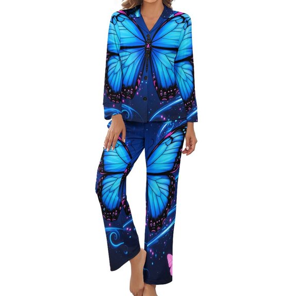Dreamy Purple Butterfly Pattern Printed Pajama Set for Couples, Women Men Long Sleeved Comfortable Home Clothes, Oversized