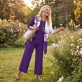 thumbnail image 4 of Textilo 3 Piece Pant Suits for Women Open Front 3/4 Sleeve Floral Cardigan Sleeveless Tank Tops Wide Leg Pants Sets Business Casual Sets,Dark Purple M, 4 of 5
