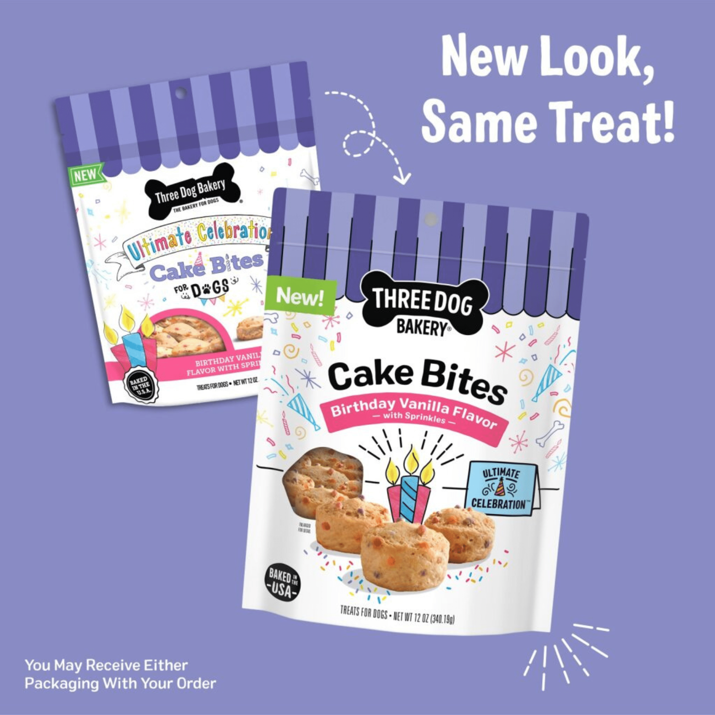 Three Dog Bakery Ultimate Celebration Birthday Vanilla Cake Bite Dog Treats, 12 oz Bag