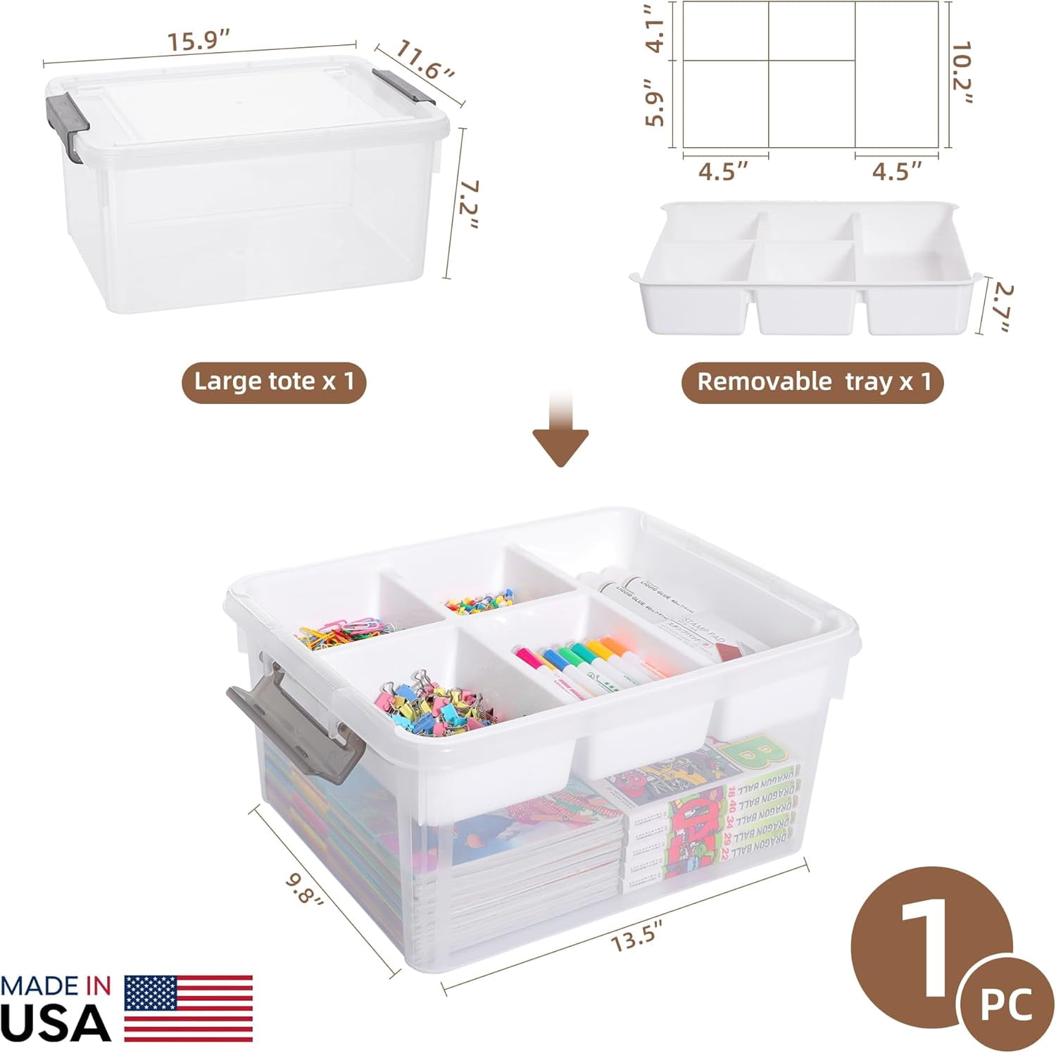 17 QT Plastic Storage Box with Removable Tray Craft Organizers and Storage Clear Storage Container for Organizing Bead, Tool, Sewing, Playdoh,Coloring Books