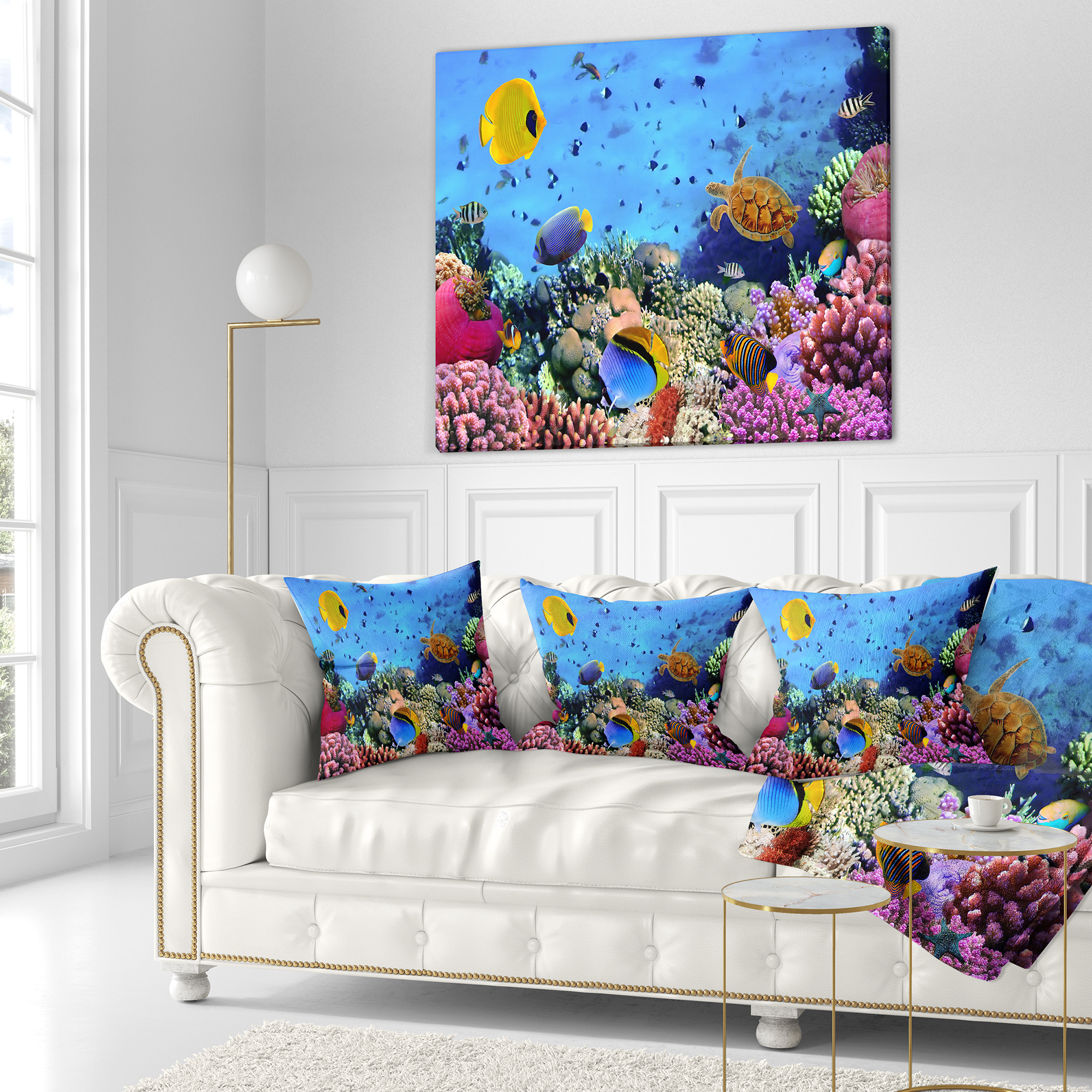 Designart Coral Colony and Coral Fishes - Seascape Throw Pillow - 18x18