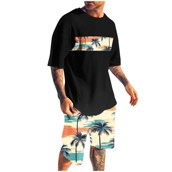 CLOISE Two Piece Set Men Long Sleeve Big and Tall Matching Set Outfits Short Sleeve Shirts Shorts Hawaiian Beach Vacation Clothes