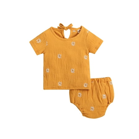 

Nokpsedcb Infant Baby Girls 2Pcs Outfits Daisy Embroidery Round Neck Short Sleeve T-Shirt + Elastic Waist Shorts Sets Yellow 12-18 Months