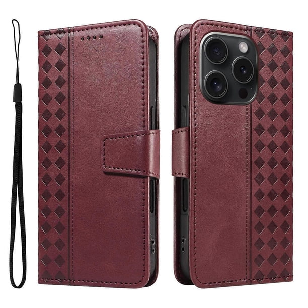For iPhone 15 Pro Leather Case Wallet Stand Grids Imprinted Phone Cover with Strap - Light Purple