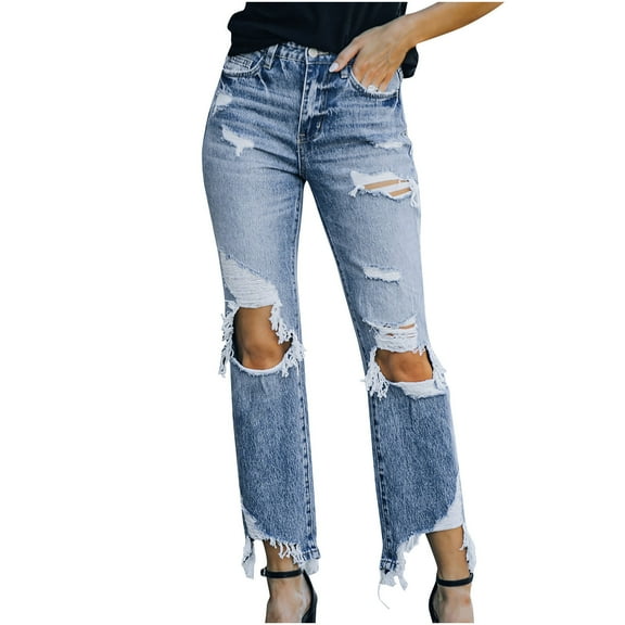 XFLWAM Women's Mid Waisted Slim Big Thigh Distressed Boyfriend Denim Jeans Straight Leg Stretchy Blue S