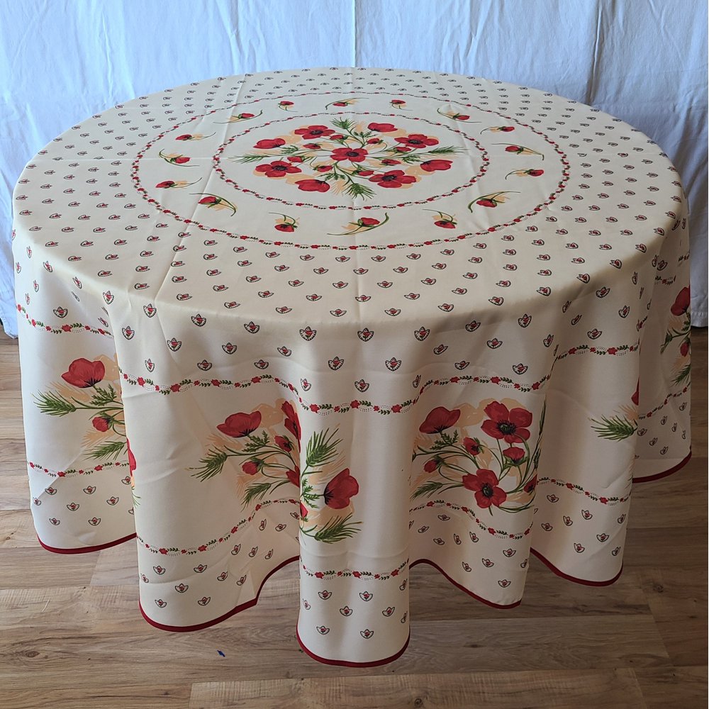 71" Round (180cm) Red Poppies White Country French Provence Tablecloths, Stain Resistant, New