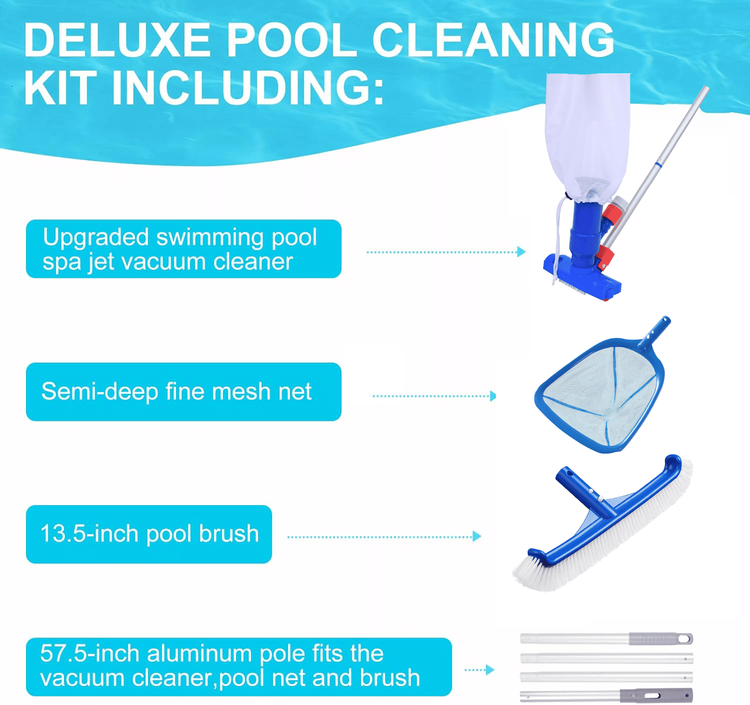 Gilysido Swimming Pool Cleaning Kit,Pool Brush and Skimmer Set with Pool Cleaning Brush and Skimmer Leaf Net and Aluminum Pole for Above Ground Pools(Blue,4 Pcs)