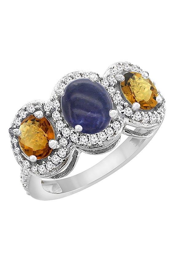 10K White Gold Natural Lapis & Whisky Quartz 3-Stone Ring Oval Diamond Accent, size 9