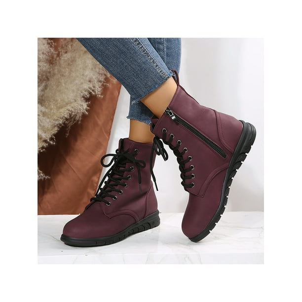 UKAP Womens Comfortable Lace Up Ankle Boots Walking Fashion Side Zipper Wine Red 5
