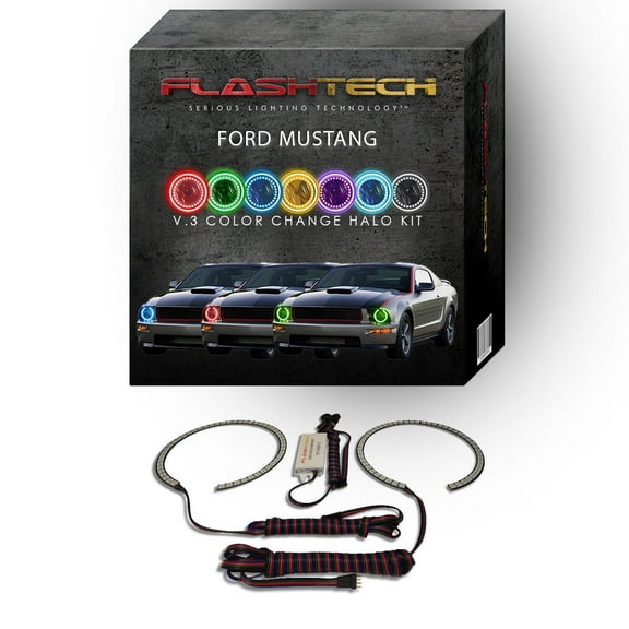 Flashtech RGB Multi Color Changing LED Halo Ring kit for 2005-2009 Ford Mustang Headlights