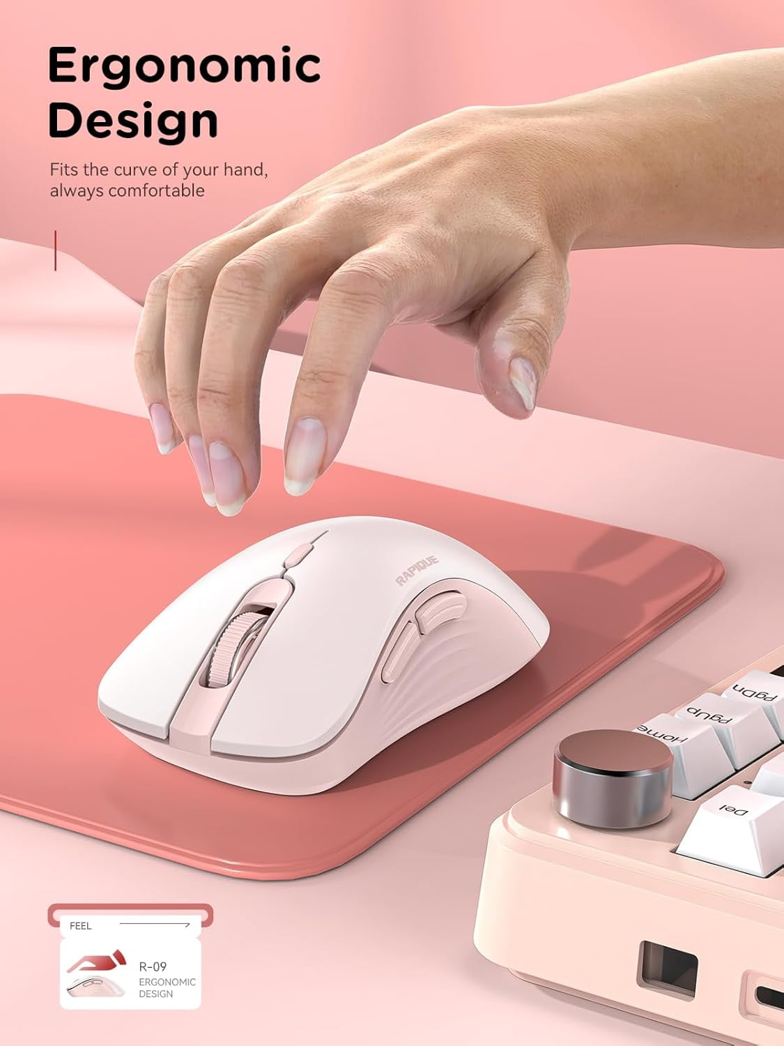Bluetooth Wireless Mouse - Dual & 2.4 GHz USB Receiver, Ergonomic Design, Quiet Clicks, Low Power Multi-Device Compatibility for MacBook, Laptop, Computer, iPad Air/Pro (Pink)