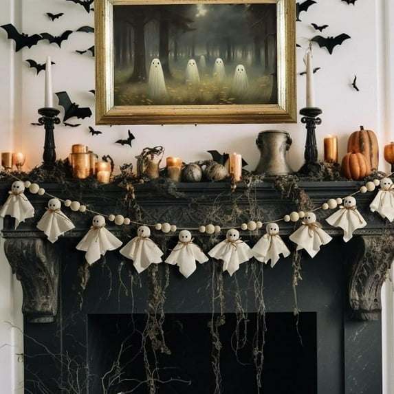7Ft Halloween Ghost Garland, Fabric Cute Ghosts Banner, Hanging Ghost Garland for Vintage Halloween Party Wall Home Indoor Outdoor Spring Decor Supplies