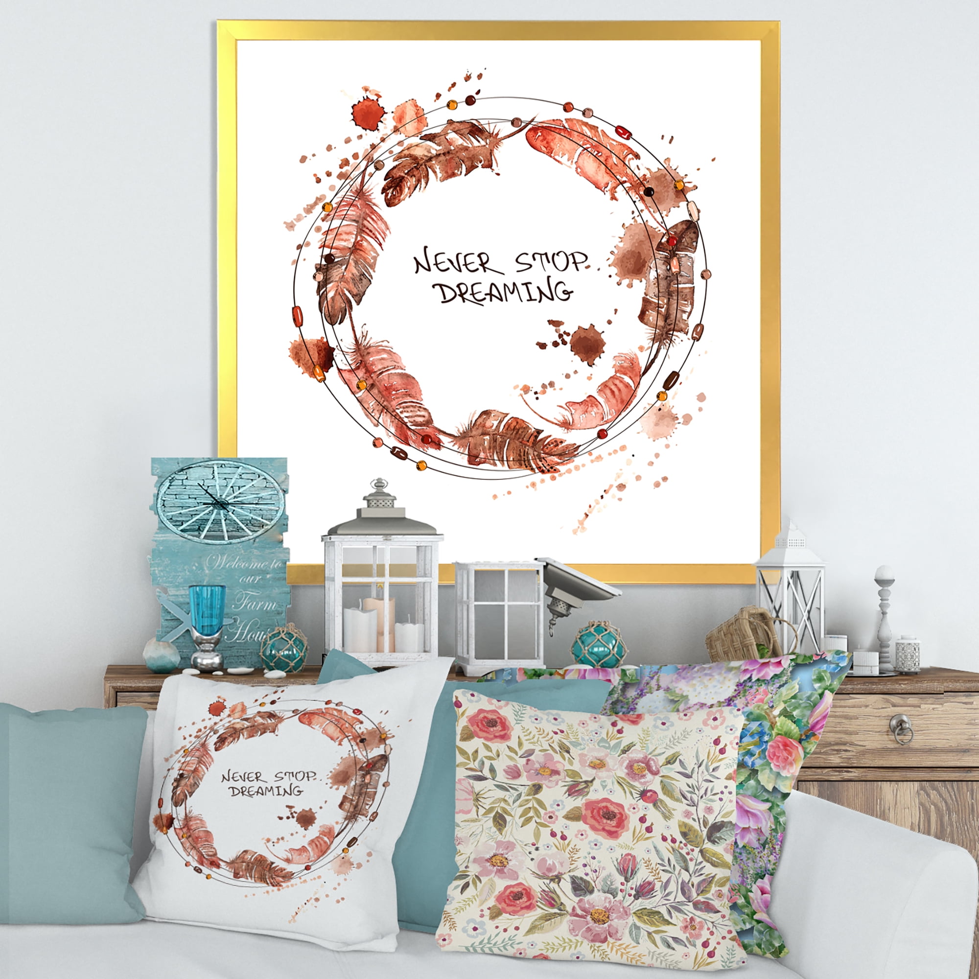 Designart 'Impression Of Bird Feathers Wreath' Traditional Framed Art Print