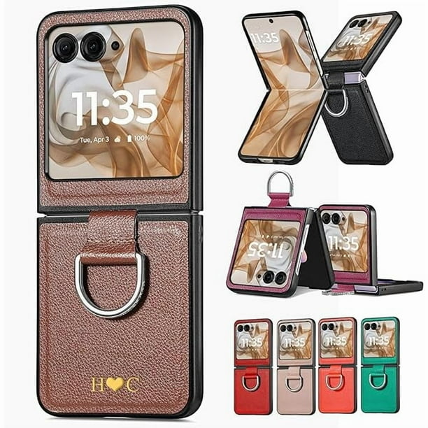 wonima11 Custom Leather Case for Motorola Razr, Ultra, Plus 2025/2024/2023, Personalized Moto Razr 60/50/40 Ultra Cover with Finger Ring, Shockproof Protective Slim Thin Cases Name Design Black