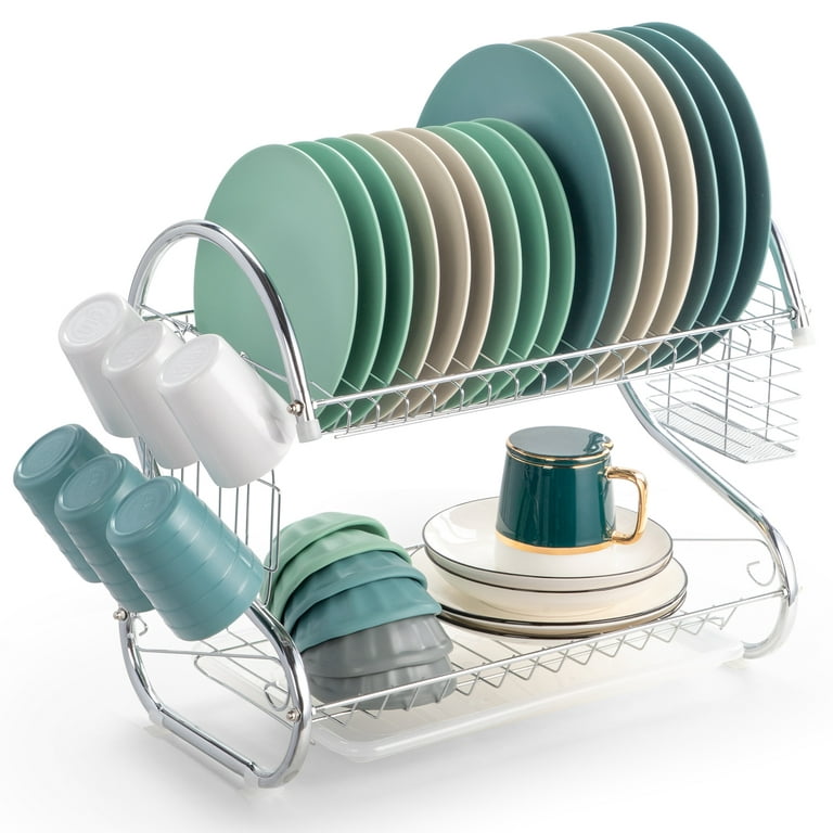 Double Rows Stainless Steel Dishes Drying Rack with Drain Board for Kitchen  Counter Dishes Rack кухонные