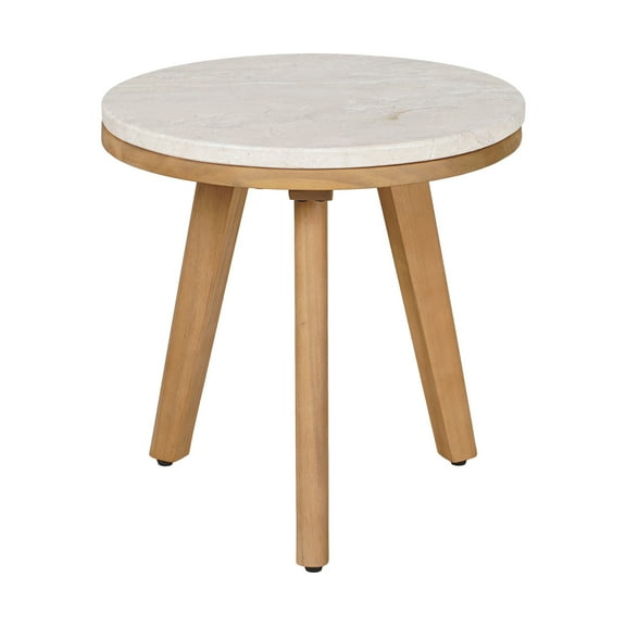 Siro Side Table Natural End Table, Modern Style, Laminated Travertine round shape tabletop, Solid Acacia Wood, Outdoor Living