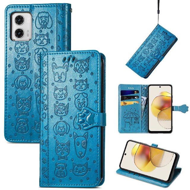 Funda Cartera FOXDOCK para MOTO G73 , Flip PU con Relieve de Gatos y Perros, Tarjetero y Soporte