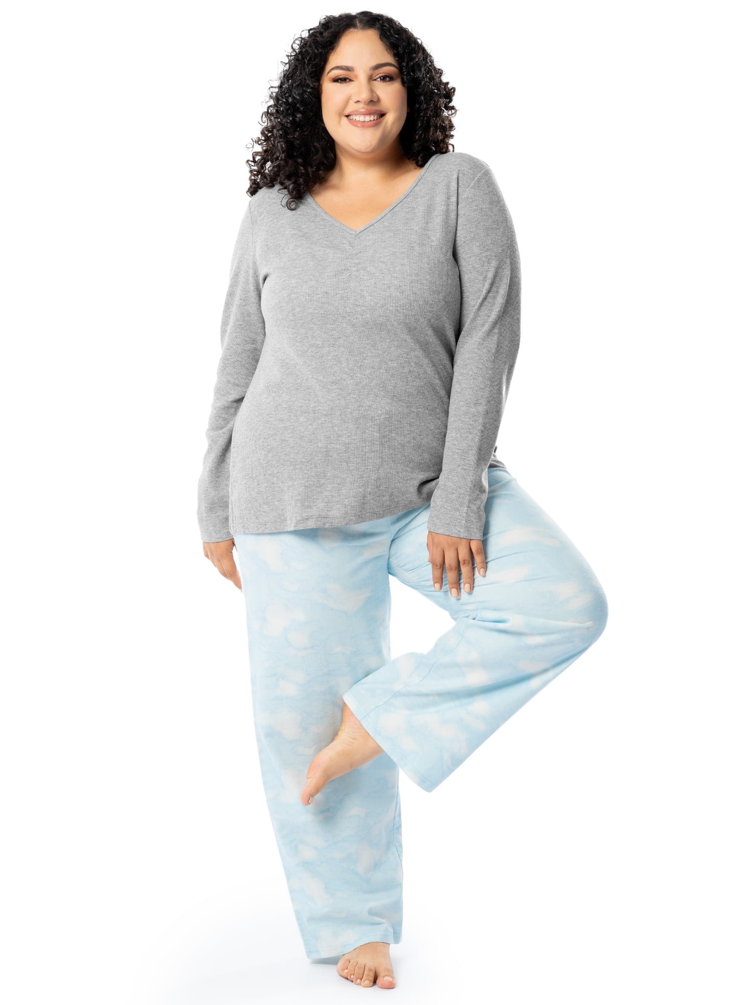 Fruit of the Loom Women's Beyond Soft Long Sleeve Waffle Top and Flannel Bottom Pajama Set, Sizes S-4X