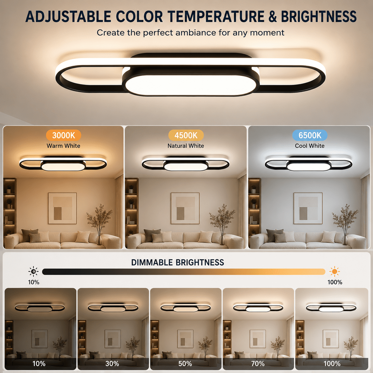 Garwarm Modern 27.5" Black Linear LED Ceiling Light, Dimmable Flush Mount Ceiling Fixture with Remote Control, 3000K-6500K Adjustable Lighting for Living Room, Kitchen, Hallway, Bedroom