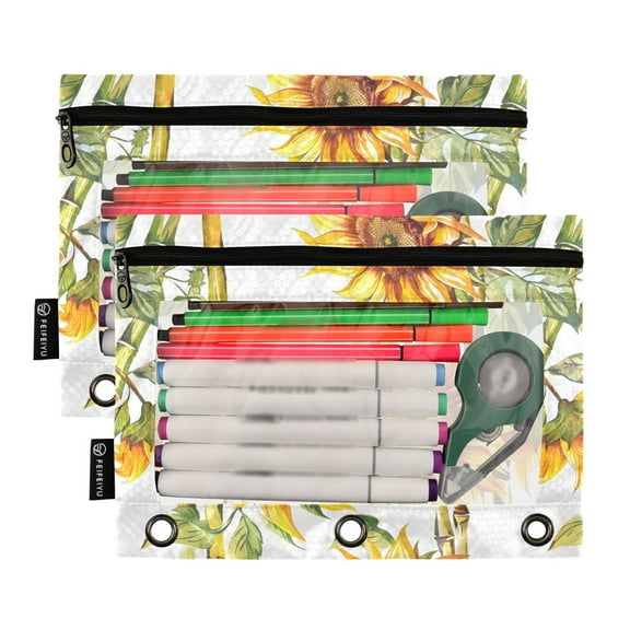 2 Pack Pencil Pouch for 3 Ring Binder Smooth Zipper Folders with Pockets Clear Window Pencil Case Sunflower and Bamboo