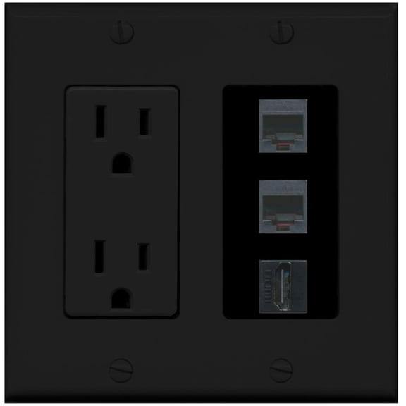 Ultra Spec Cables 2 Port RJ11-12-Phone 1 HDMI Wall Plate w/Power Outlet Black