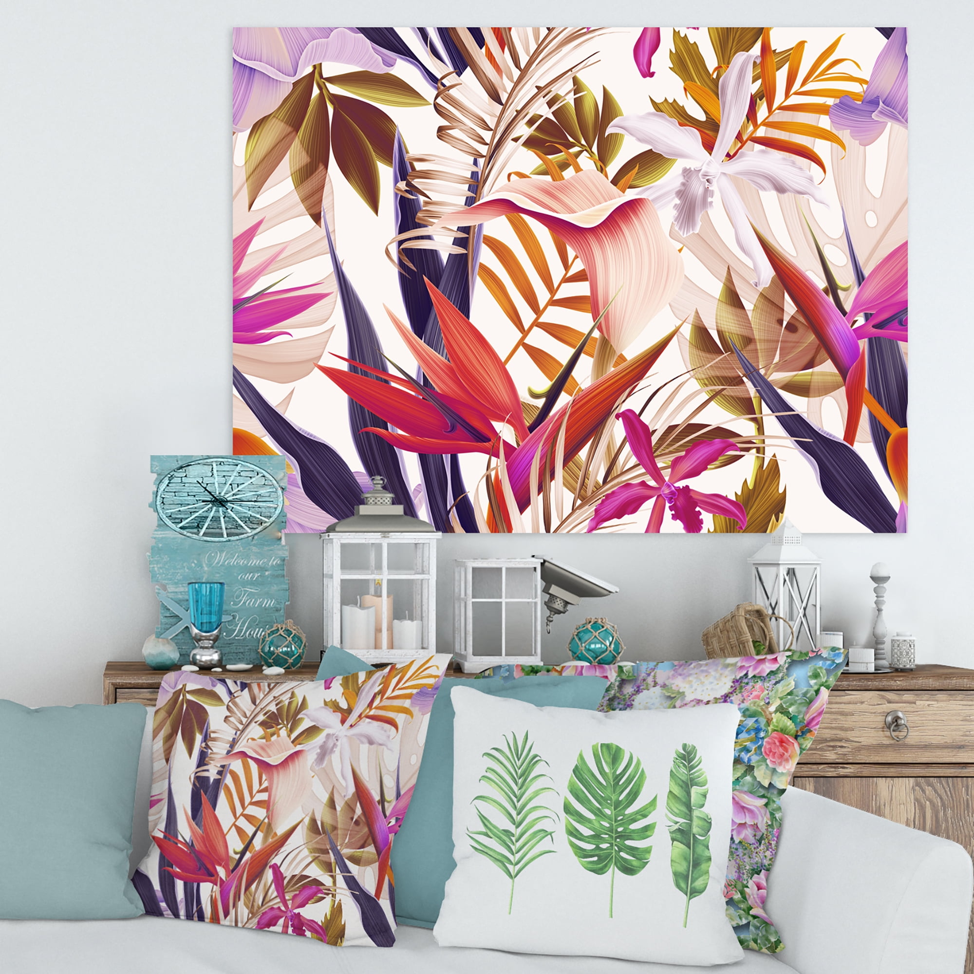 Designart ' VIntage Tropical Flowers III ' Traditional Canvas Wall Art Print