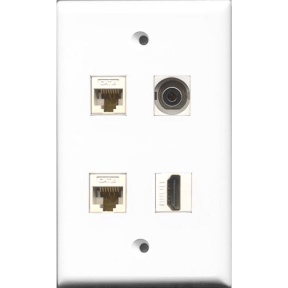 RiteAV 1 Port HDMI and 1 Port 3.5mm 2 Port Cat6 Ethernet White Wall Plate