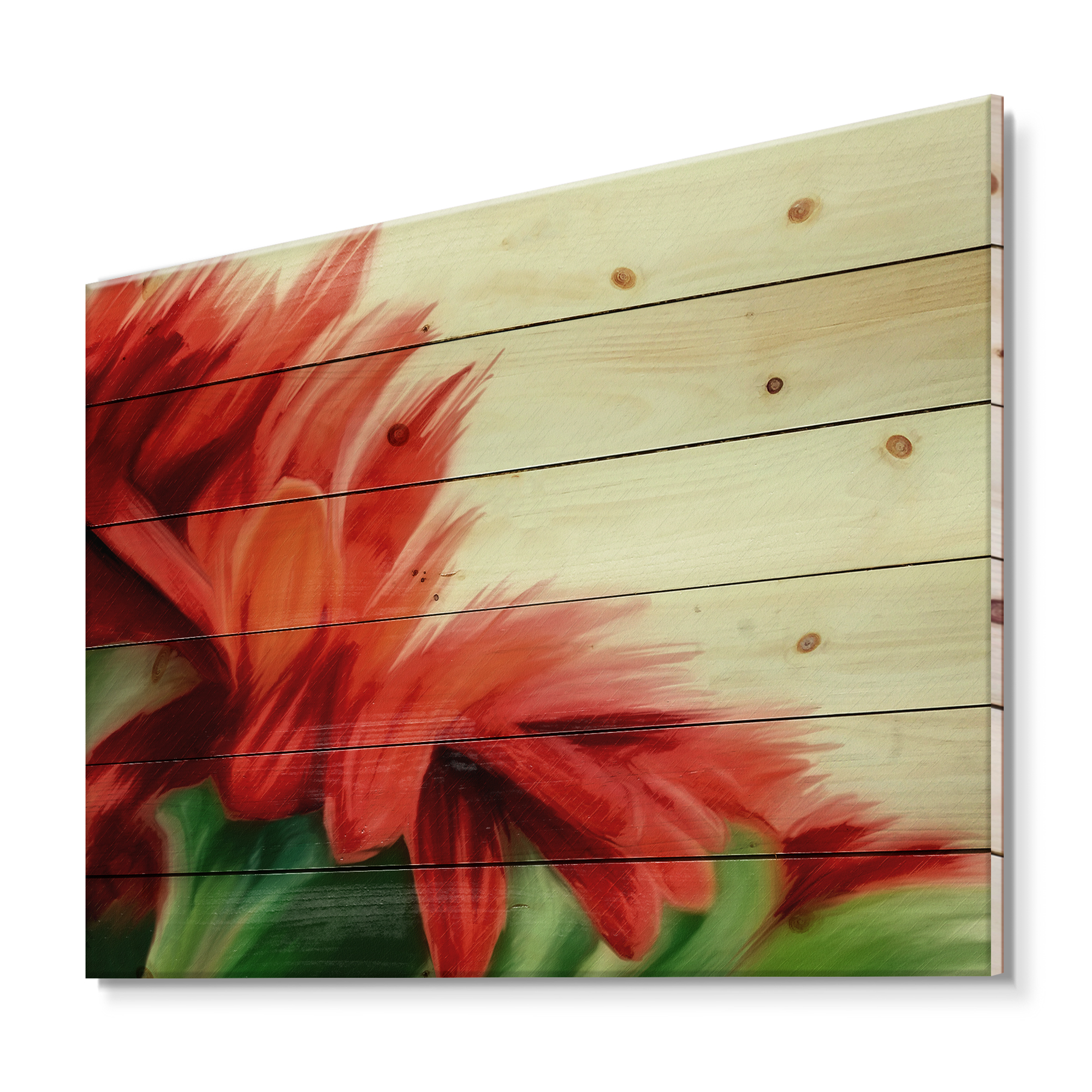Designart 'Red Floral Brush Strokes On Green' Traditional Print on Natural Pine Wood