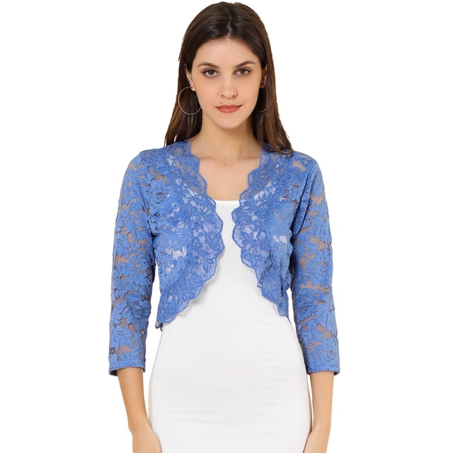 Cárdigan Allegra K Top de encaje floral Transparente Man3/4 Gris azul S