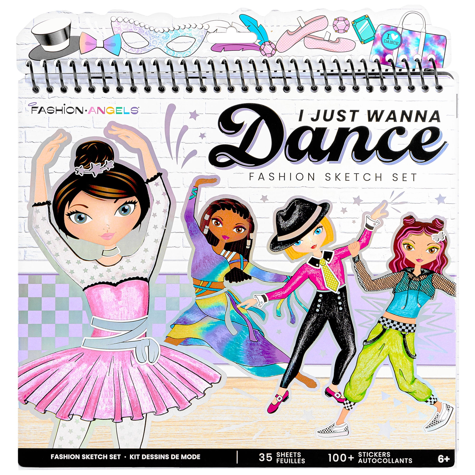 Fashion Angels: Fashion Sketch Set - I Just Wanna Dance - Design & Create Themed Outfits, 35 Page Drawing Art Portfolio, Stickers & Stencils, Kids 6+