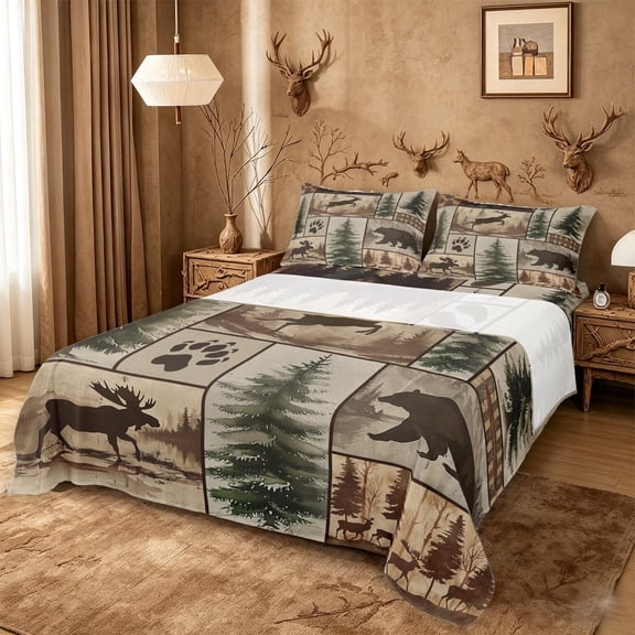 meiyoeat Rustic Farmhouse Cabin Queen Sheets For Boys,Jungle Wildlife Deer Bear Queen Sheet Sets For Kids,4 Pieces