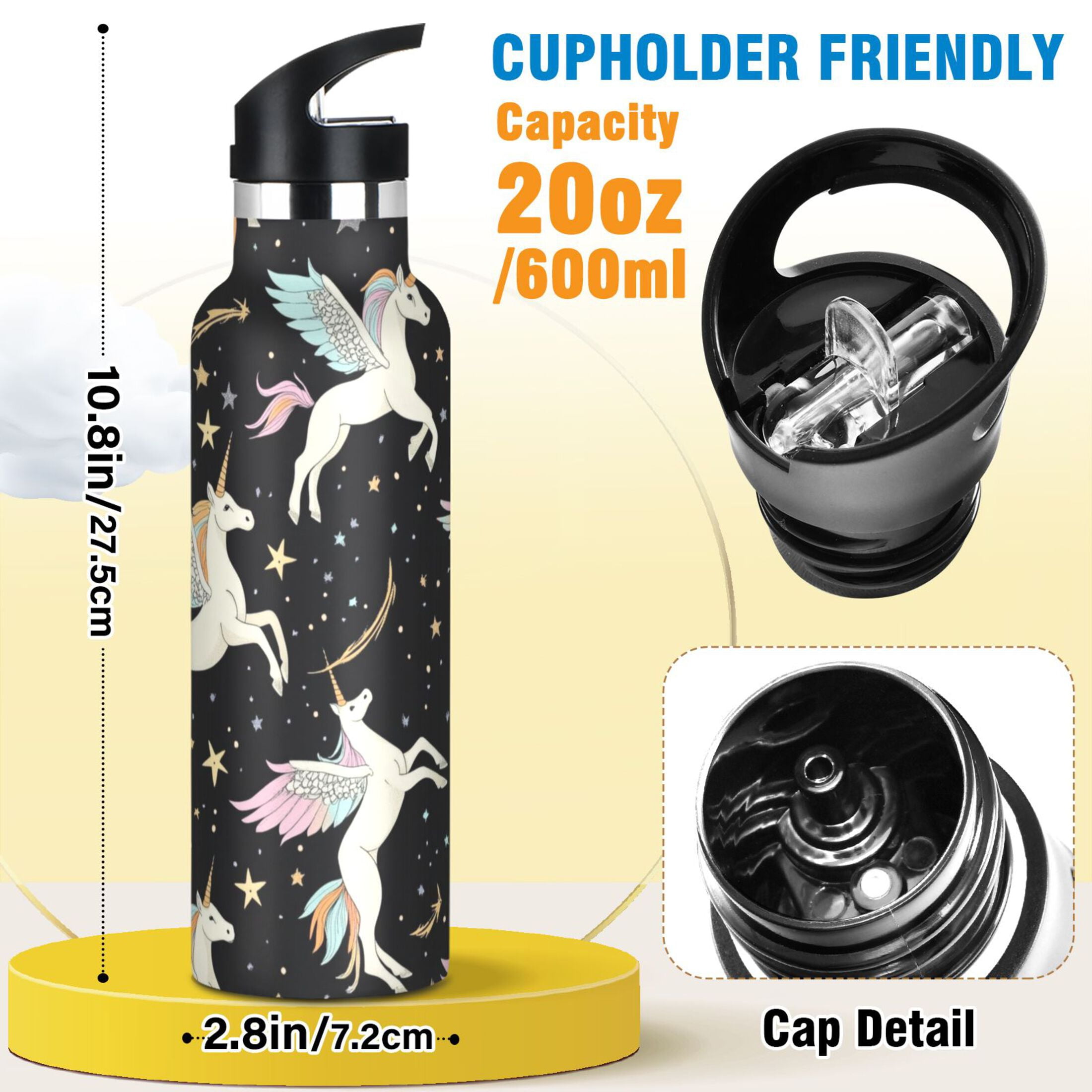 Kids Insulated Stainless Steel Sports Water Bottle 600ml (20oz) Winged Unicorns