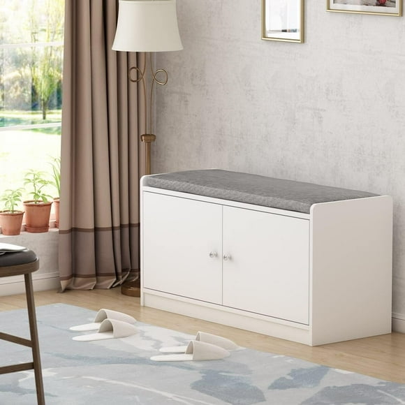 35.8" w White Storage Bench with Drawers and Padded Seat Cushion Modern Contemporary Urban MDF Matte Certified