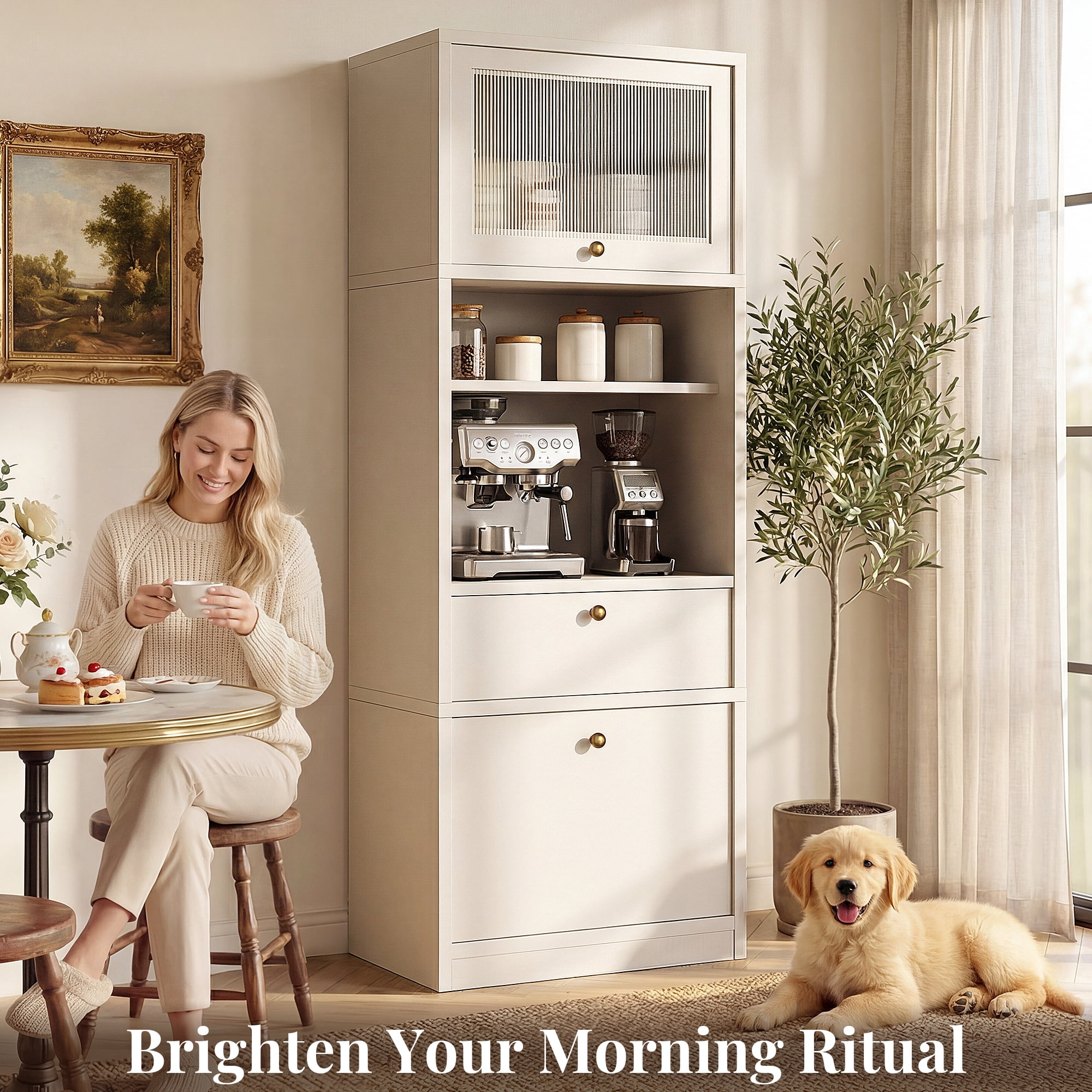 OMCHOM 71" Storage Cabinet - Kitchen Pantry Cabinet with Adjustable Shelves,Drawer,Open Compartments for Bathroom,Living Room,Kitchen - White