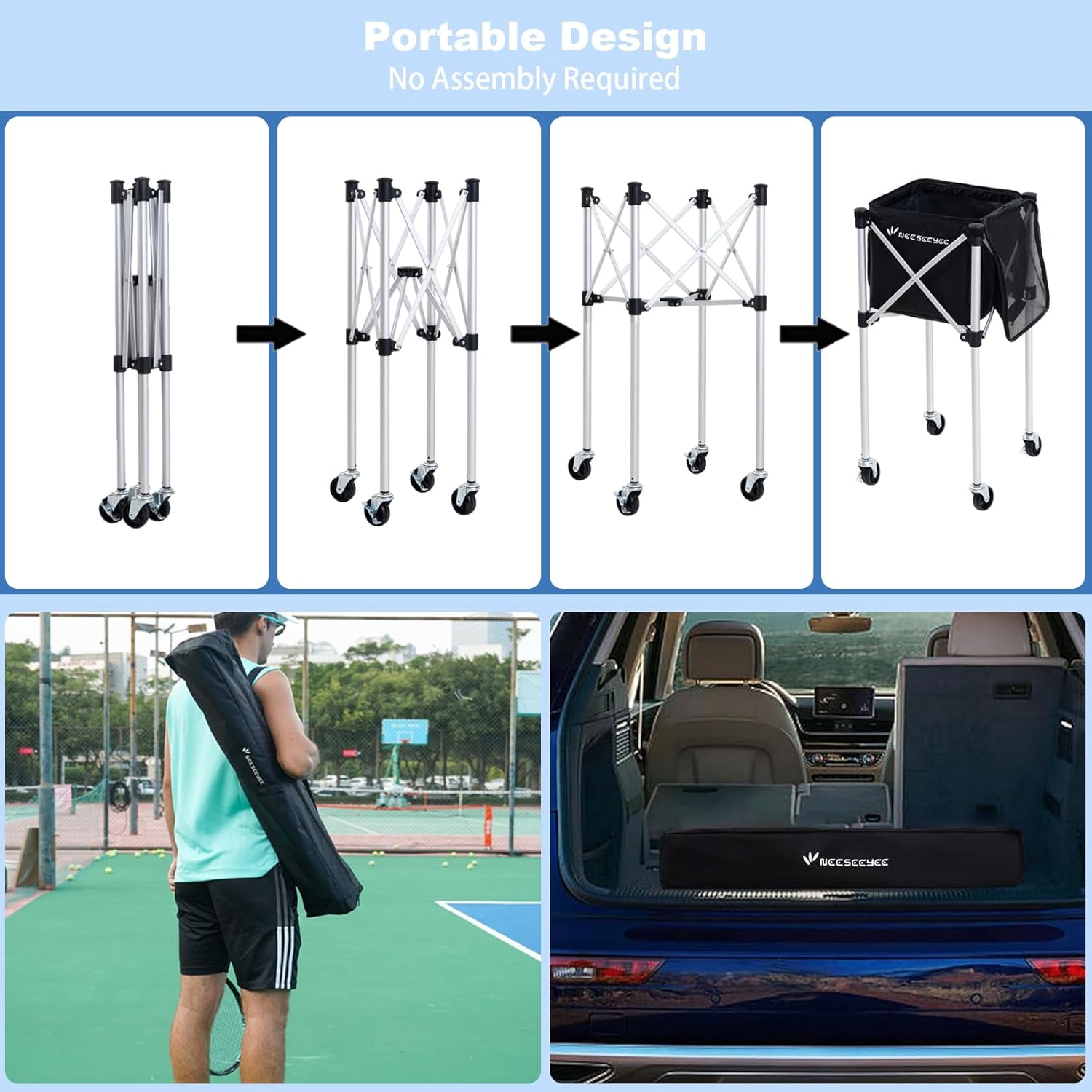 Portable Pickleball & Tennis Ball Collector Pickleball Caddy Practice Equipment (Holds 100 Pickleballs or 150 Tennis Balls)