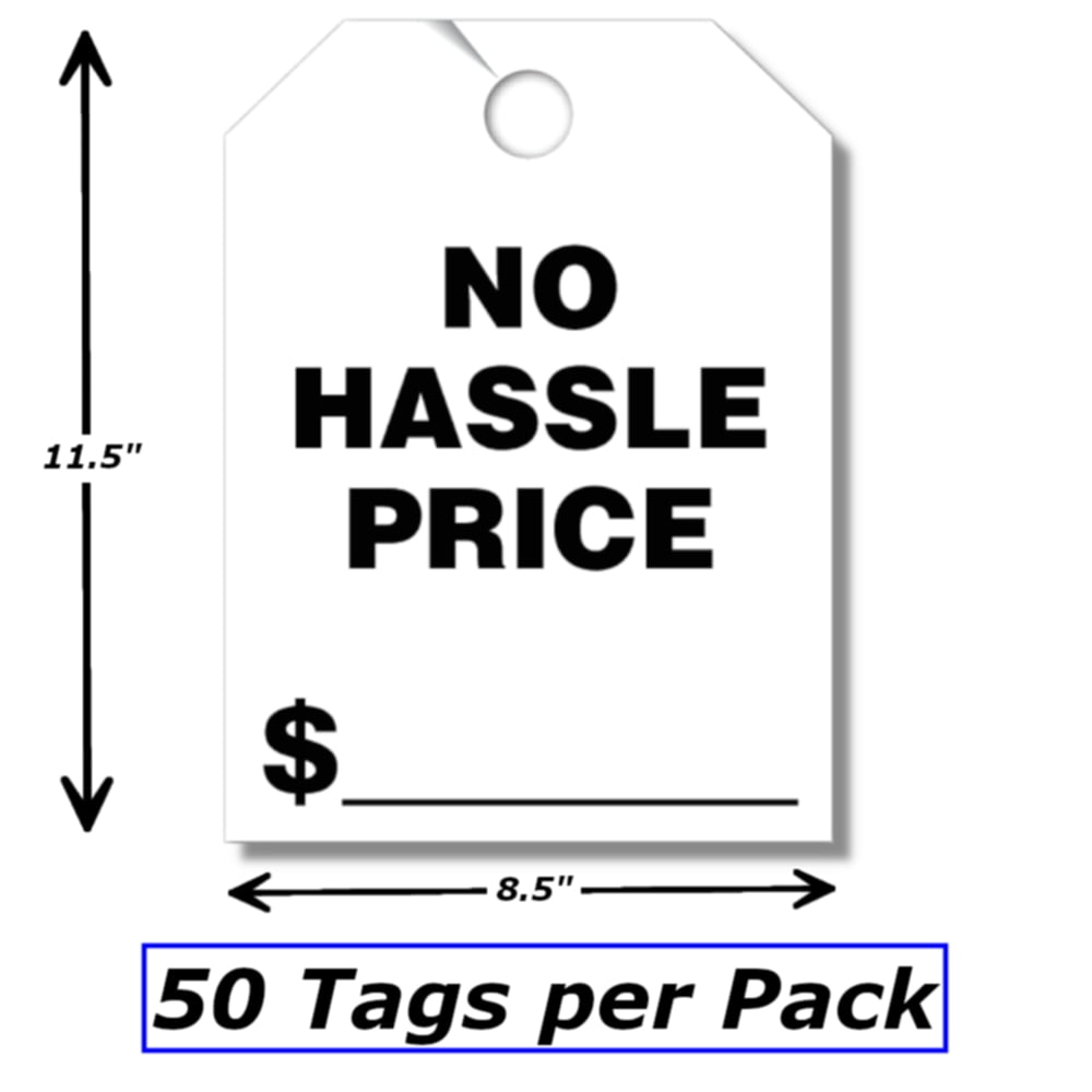 50 Pack Jumbo Car Dealer No Hassle Price Mirror Hang Tags You Choose Color 