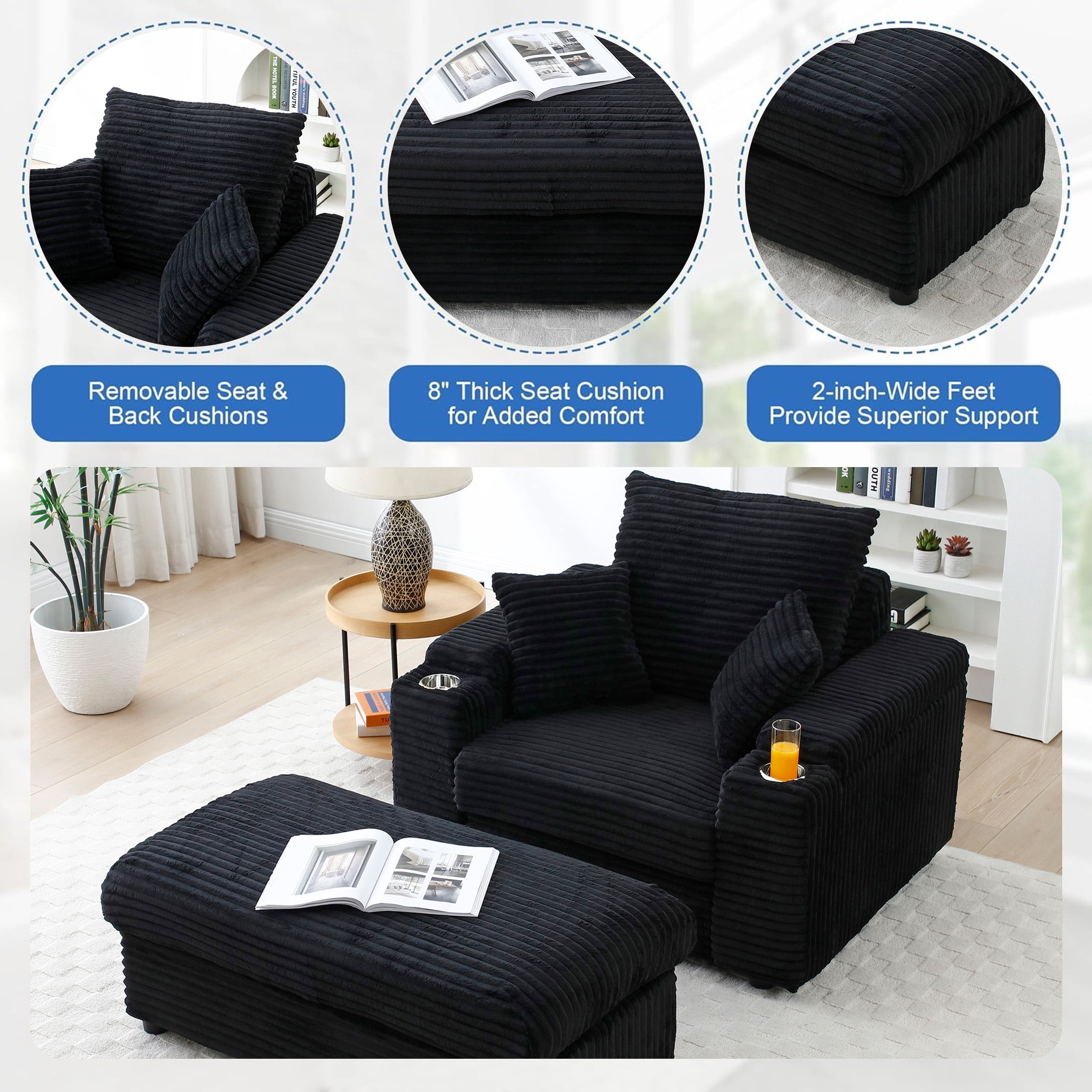 Aukfa 43 inch Corduroy Chaise w/ 2 Cupholders&Storage Ottoman, Plush Chair Bed, 3 Pillows, Black