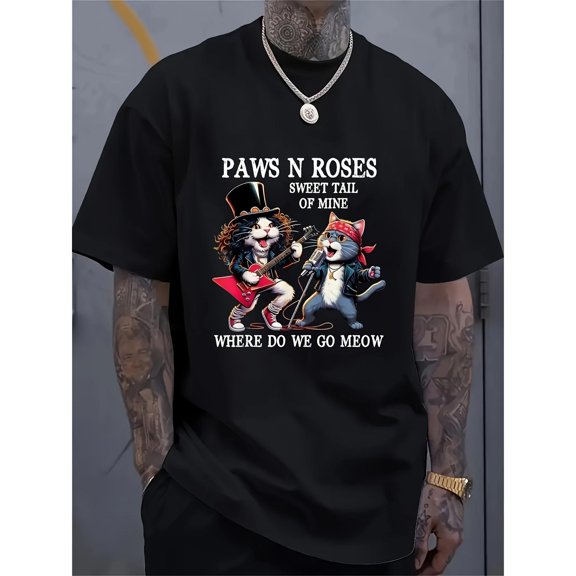 Vintage Punk Graphic Tee, Tops Has Punk Rock Band Cats Graphic,Playful Theme Shirt,Casual Round Neck Regular Fit Tee, Size(S-5XL)