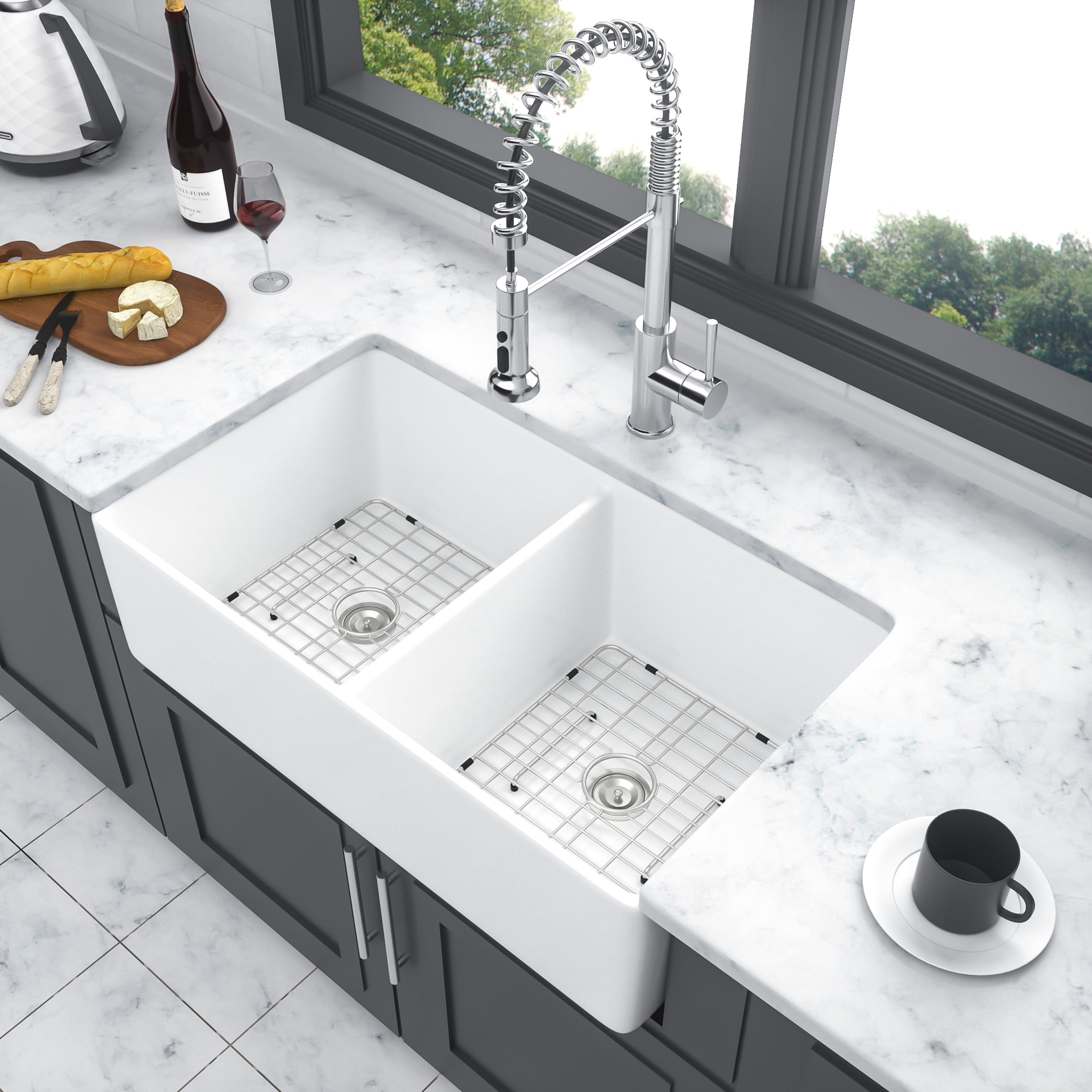 White Farmhouse Sink - 32 inches Ceramic Fireclay Double Bowl Farm Apron Front Kitchen Sink