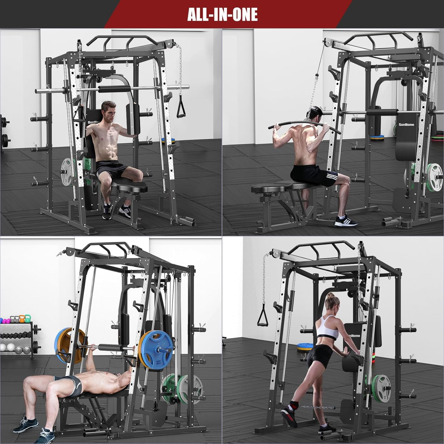 Sunhome Smith Machine 2000 LBS Power Cages Squat Rack More Cable Attachment Two LAT Pull-Down Systems, Cable Crossover Machine Home Gym