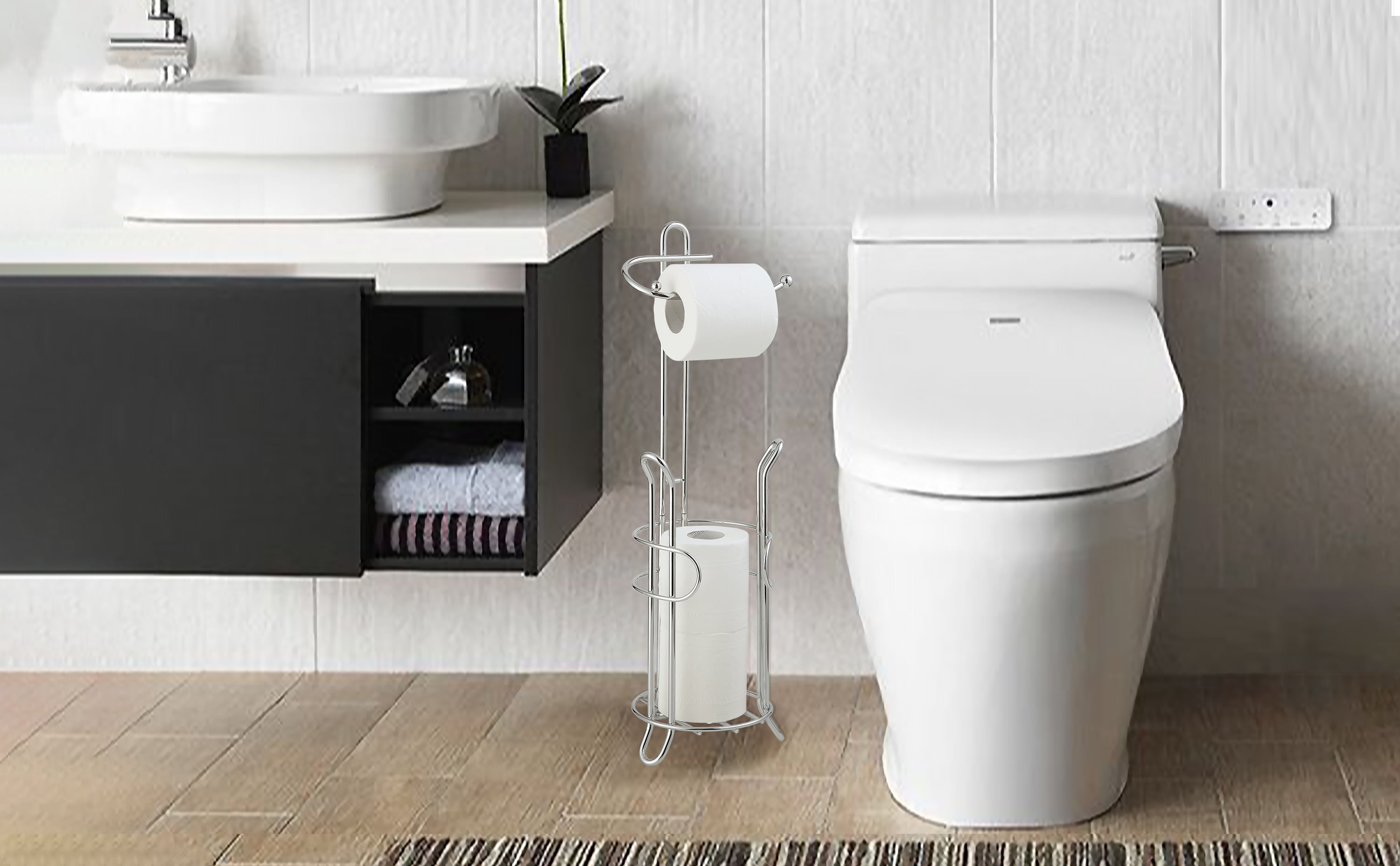 SunnyPoint Freestanding Toilet Paper Holder Stand with Storage – Holds 3 Spare Rolls, Sturdy Steel Construction, Chrome Finish, for Bathroom & Restroom