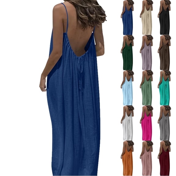 Elvqul Sleeveless House Dress for Women Summer Slip Dress Pull-On Plus Size Roundneck Low Back Flowy Pleated Womens Housedress