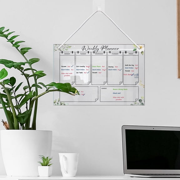 Acrylic Hanging Erasable Weekly Planner Board with Lanyard, Tearproof Dry Erase Memo Board for Kitchen Organization, Color-Coded Monthly Task Scheduler